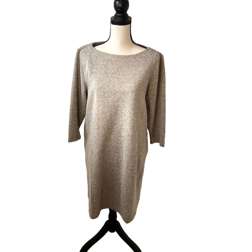 J. Jill Shift Dress Pockets 3/4 Sleeve Boat Neck Brown 2 Pocket Sz Large